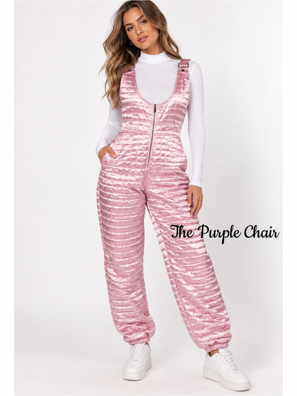 AKIRA NWT Pink Satin Quilted Zip Front Straight Leg Jumpsuit L